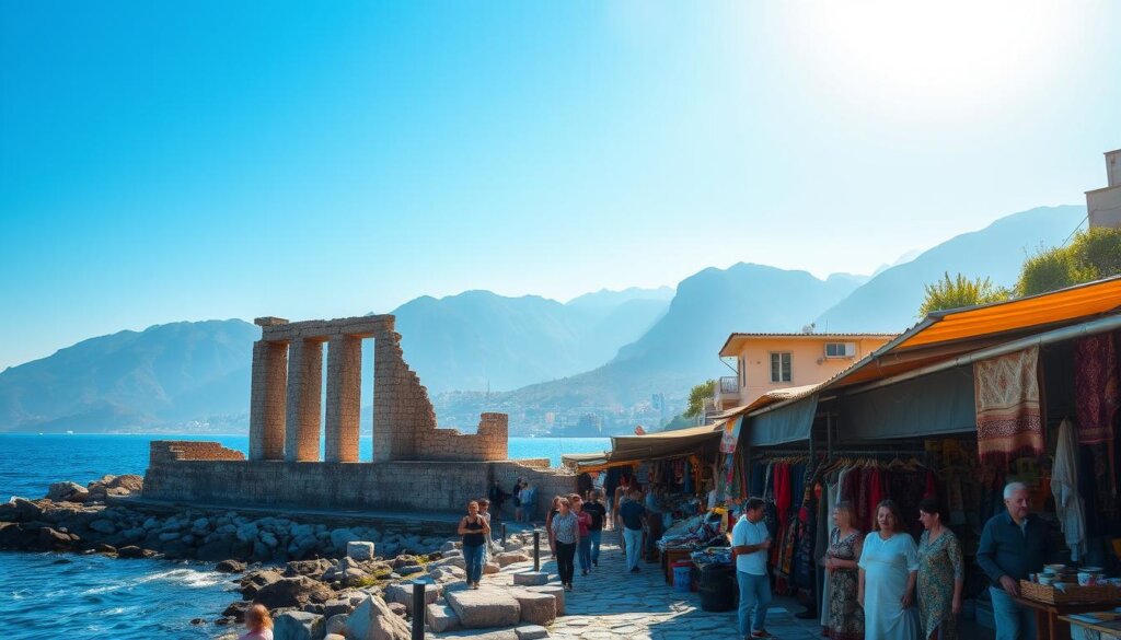 Imagine an ancient ruin nestled along the azure shores of the Turkish Riviera, where the weathered stones of a once-grand structure stand in contrast to the vibrant modern market bustling nearby. The sun casts a warm, golden glow, illuminating the intricate patterns of the traditional Turkish textiles and the friendly faces of the local vendors. In the distance, the towering mountains provide a majestic backdrop, hinting at the rich history and cultural heritage of this captivating region. The scene evokes a sense of timelessness, where the past and present coexist in a harmonious blend, offering a truly immersive glimpse into the local way of life.