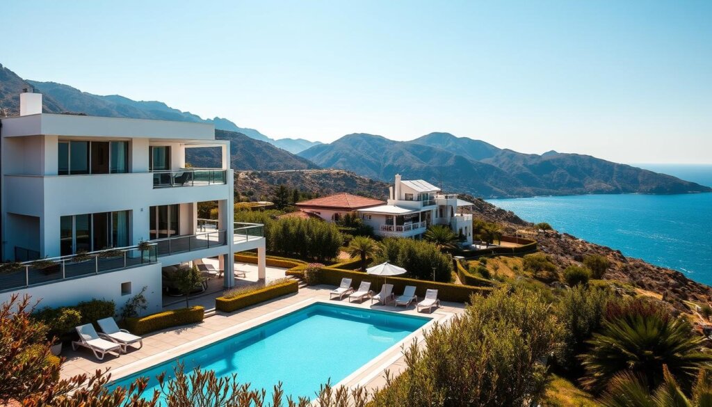 Kalkan luxury villas with private pools, set against the backdrop of the Taurus Mountains and the sparkling turquoise waters of the Mediterranean. The foreground features an elegant villa with a sleek, modern design, its white facade complemented by a spacious private pool surrounded by lush, well-manicured landscaping. In the middle ground, additional villas dot the hillside, each with its own unique architectural style and outdoor living space. The background is filled with the rugged, sun-drenched terrain of the coastal region, with the sea glistening in the distance. Warm, natural lighting bathes the scene, creating a serene and inviting atmosphere that captures the essence of Kalkan's luxury villa living.