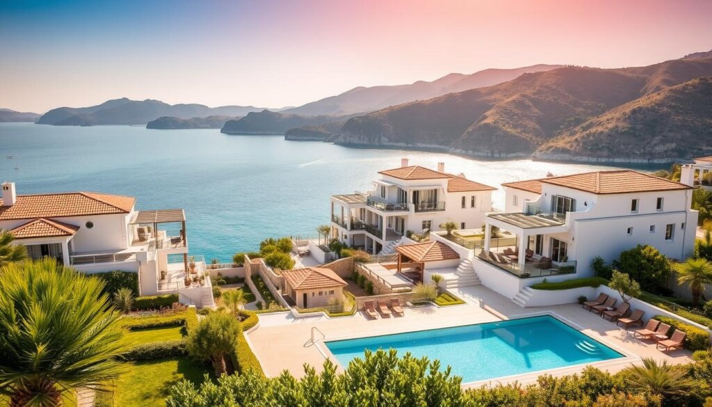 Luxurious Kalkan villas nestled amidst the picturesque Mediterranean landscape, featuring elegant architectural designs with white-washed walls, terracotta roofs, and expansive balconies overlooking the turquoise waters. The foreground showcases a well-manicured garden with lush greenery and a sparkling infinity pool, while the middle ground reveals multiple high-end properties with sun-drenched terraces and private pathways leading to the shore. In the background, the dramatic cliffs and hills of the Taurus Mountains create a stunning natural backdrop, bathed in warm, golden light. The scene exudes a serene, sophisticated atmosphere, inviting potential investors to envision the perfect Turkish villa retreat.