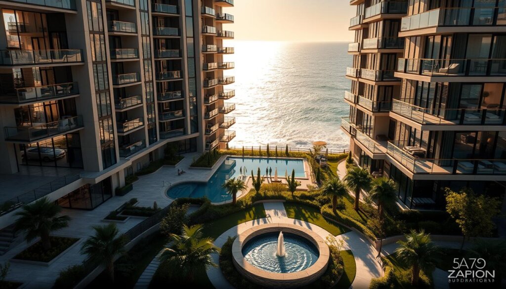 Luxury apartments in Manavgat, Turkey, bathed in warm, golden sunlight. Towering glass and steel facades, adorned with private balconies and terraces, overlooking the sparkling Mediterranean Sea. Elegant interiors feature high ceilings, polished marble floors, and state-of-the-art appliances. A rooftop pool and fitness center provide exclusive amenities for residents. In the foreground, a well-manicured garden with lush greenery and a tranquil water feature creates a serene oasis. The overall atmosphere exudes sophistication, comfort, and a lifestyle of premium living.