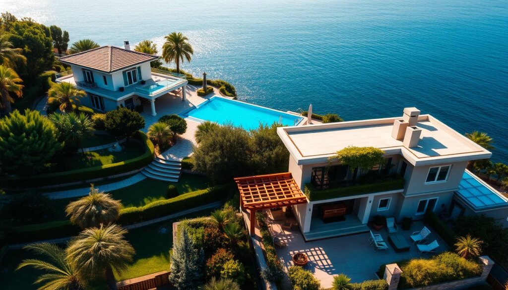 Luxury villa nestled amidst lush, manicured gardens with a sparkling infinity pool overlooking the crystal blue waters of the Mediterranean, bathed in warm, golden hour sunlight. In the foreground, a more modest, yet stylishly designed affordable villa with a cozy, welcoming patio surrounded by vibrant, low-maintenance landscaping. The contrast in architectural styles, scale, and amenities captures the range of luxurious and budget-friendly villa options available in the picturesque coastal town of Alanya.