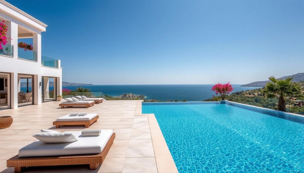 Luxury villas nestled in the picturesque coastal town of Alanya, Turkey, with private pools gleaming under the Mediterranean sun. Idyllic white-washed facades adorned with bougainvillea, surrounded by manicured gardens and tranquil terraces. Expansive open-plan living spaces flowing seamlessly to outdoor lounge areas, inviting guests to unwind in the lap of opulence. Sleek, modern interiors accentuated by warm, natural materials and floor-to-ceiling windows offering panoramic sea views. Crystal-clear private pools reflecting the azure sky, beckoning visitors to take a refreshing dip. Capture the essence of indulgent villa living in Alanya, a harmonious blend of comfort and elegance.