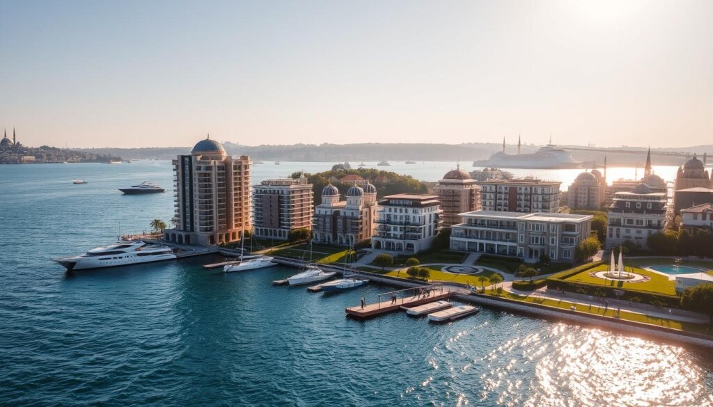Luxury waterfront residences in Istanbul, Turkey, nestled along the Bosphorus Strait. A panoramic view of opulent high-rise apartments and villas overlooking the sparkling azure waters, framed by the city's iconic skyline of domes and minarets. Warm, golden sunlight casts a soft glow across the scene, reflecting off the glistening waves. Manicured landscaping and private docks add to the exclusive, resort-like ambiance. Capture the essence of sophisticated coastal living, where the Mediterranean and Aegean influences converge to create a unique and desirable real estate opportunity.