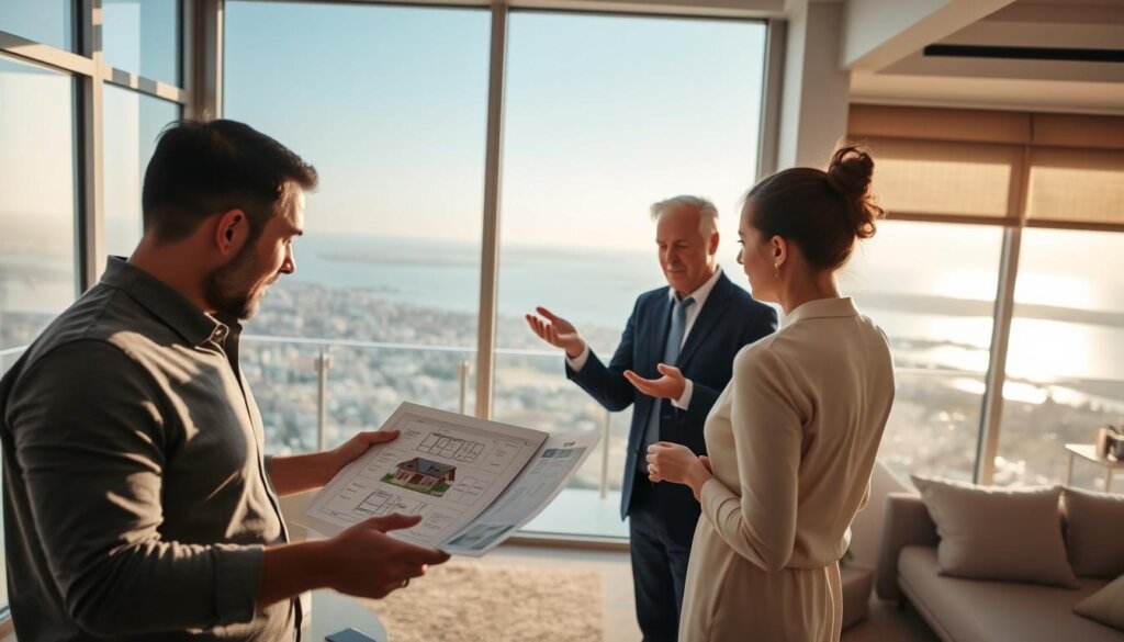 Manavgat apartment buying tips: A modern, well-lit interior with natural light flooding through large windows. In the foreground, a couple carefully reviewing floor plans and property details on a tablet. In the middle ground, a real estate agent gestures animatedly, explaining features and amenities. The background showcases a panoramic view of the Manavgat skyline, with the Mediterranean Sea glistening in the distance. The scene conveys a sense of informed decision-making, professional guidance, and the exciting prospect of finding the perfect Manavgat apartment.