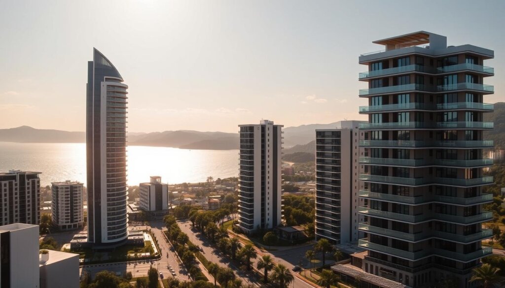 Mersin apartments comparison: A sleek high-rise skyline overlooking the sparkling Mediterranean Sea, with distinct tower silhouettes in the foreground. The mid-ground features a side-by-side comparison of modern residential complexes, showcasing diverse architectural styles and amenities. In the background, rolling hills and lush greenery provide a scenic backdrop, creating a harmonious blend of urban and natural elements. Warm, golden afternoon light filters through, casting soft shadows and highlighting the sophisticated facade details. The scene conveys a sense of vibrant, cosmopolitan living in this coastal Turkish city.