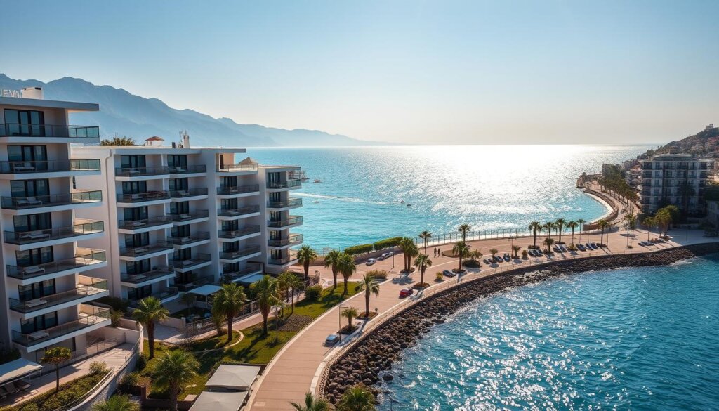 Panoramic sea view of modern, high-rise apartments nestled along the coastline of Tosmur, Alanya. Crisp, azure waters of the Mediterranean Sea stretch out in the background, with the picturesque Taurus Mountains rising in the distance. Sleek, contemporary architecture features clean lines and large, sun-drenched balconies overlooking the sparkling waves. The scene is bathed in warm, golden light, creating a serene and inviting atmosphere. A lush, palm-lined promenade runs along the waterfront, inviting leisurely strolls and alfresco dining. This idyllic coastal setting offers the perfect blend of luxury living and breathtaking natural beauty.