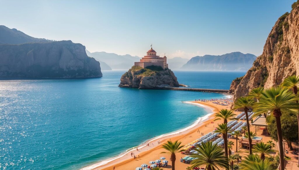 Picturesque coastal scenery of Alanya, Turkey. A dramatic landscape of towering cliffs, pristine beaches, and azure waters. In the foreground, sun-kissed golden sands dotted with colorful umbrellas and beachgoers enjoying the tranquil atmosphere. Lush palm trees sway gently in the warm Mediterranean breeze. In the middle ground, the iconic Alanya Castle perches atop a rocky promontory, its red-tiled roofs and medieval architecture reflecting the region's rich history. Farther out, the sparkling turquoise sea stretches to the horizon, with distant mountains providing a majestic backdrop. Warm, golden sunlight bathes the entire scene, creating a serene, postcard-worthy atmosphere.