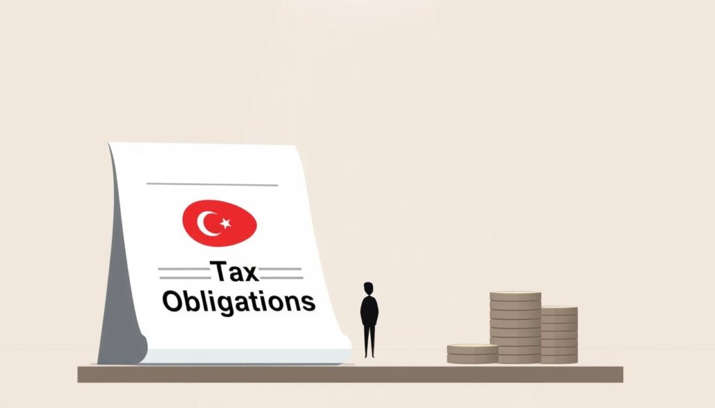 Prompt A minimalist, clean-lined illustration depicting the key tax obligations for foreigners in Turkey. In the foreground, an official-looking document with the Turkish flag and "Tax Obligations" prominently displayed. In the middle ground, a simple silhouette figure standing next to a stack of coins, representing a taxpayer. The background is a neutral, tonal gradient, suggesting an official, bureaucratic setting. The lighting is soft and evenly distributed, creating a sense of professionalism and seriousness. The overall mood is one of clarity, organization, and attention to detail, reflecting the informative nature of the subject matter.
