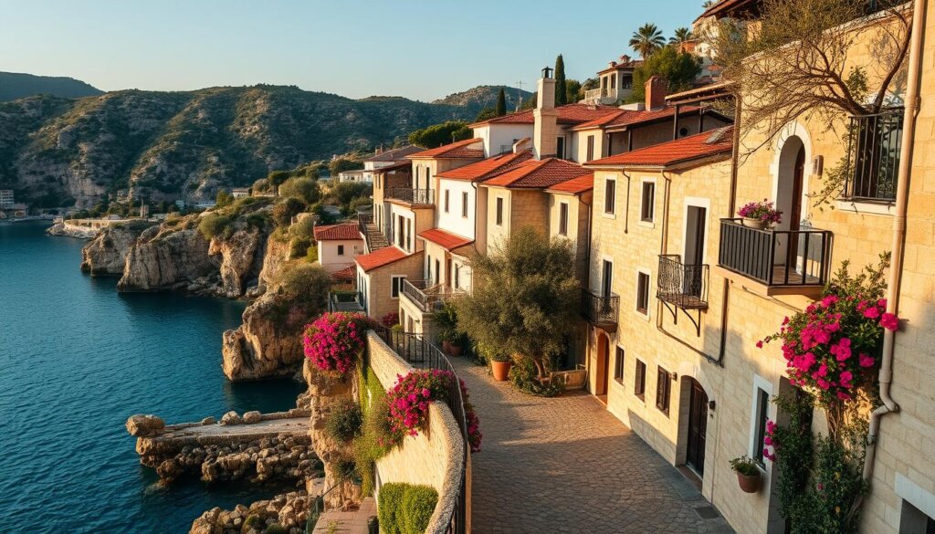 Prompt A picturesque scene of traditional stone villas nestled along the rugged coastline of Kalkan, Turkey. The buildings feature weathered stone facades, terracotta roofs, and charming balconies overlooking the sparkling azure waters of the Mediterranean. Lush bougainvillea and olive trees dot the landscape, casting soft, warm shadows across the scene. The villas are bathed in the golden glow of the evening sun, creating a timeless, tranquil atmosphere. Narrow cobblestone streets wind between the buildings, inviting exploration. The overall impression is one of timeless Mediterranean elegance and rustic, historical charm.
