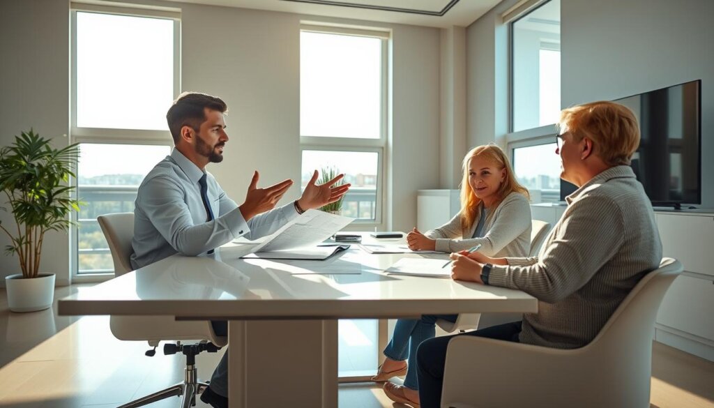 Prompt A spacious, well-lit office interior with a professional-looking real estate agent explaining property documents to a couple seated across a sleek, modern desk. The agent gestures animatedly, while the couple listens intently, papers spread out before them. Sunlight streams through large windows, casting a warm glow and emphasizing the collaborative, informative atmosphere. The scene conveys the step-by-step process of buying property in Alanya - a reputable agent guiding buyers through the necessary paperwork and legalities in a comfortable, trustworthy setting.