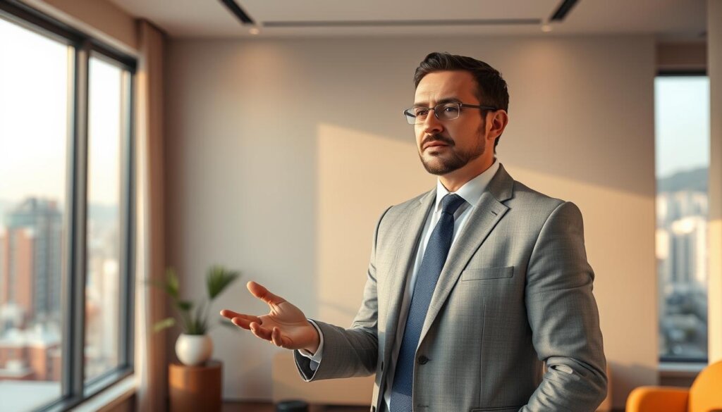 Prompt A well-dressed real estate expert, Aydın Çakır, stands in a modern, minimalist office, gesturing thoughtfully as he offers practical advice. Warm, diffused lighting casts a professional atmosphere, while a large window in the background overlooks the vibrant cityscape of Mersin. The composition focuses on Aydın's authoritative yet approachable demeanor, conveying his expertise in navigating the local real estate market. Subtle, elegant decor accents the space, hinting at Aydın's refined sensibilities and the high-caliber nature of his insights.