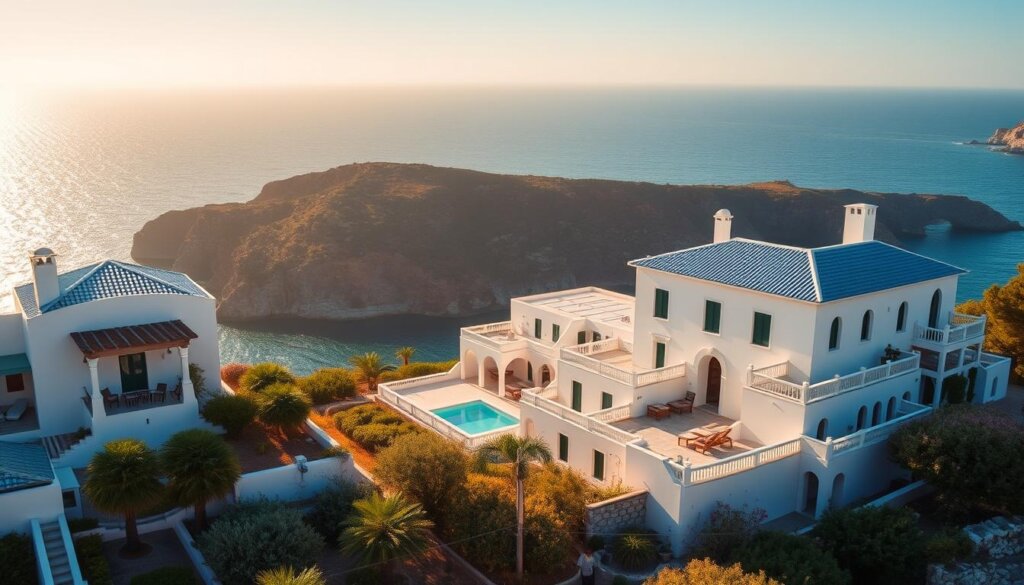 Serene coastal villas nestled along the turquoise waters of the Aegean Sea, with a backdrop of rugged, sun-drenched cliffs and lush Mediterranean greenery. Elegant, white-washed structures with blue-tiled roofs and arched terraces, their balconies offering panoramic views of the glistening horizon. Warm, golden sunlight bathes the scene, casting long shadows and highlighting the intricate architectural details. A tranquil atmosphere pervades, inviting the viewer to imagine leisurely afternoons spent admiring the breathtaking scenery and the soothing rhythms of the waves crashing against the shore.