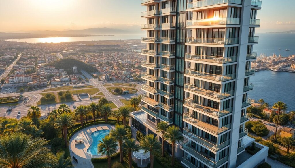 Serene modern apartments in Mersin, Turkey, bathed in warm Mediterranean light. A stylish glass-and-steel high-rise glistens, surrounded by lush palm trees and verdant landscaping. Balconies overlook a bustling city skyline, with the deep blue sea and distant mountains in the background. Sleek, minimalist facades create a sense of sophisticated urban living, complemented by cozy, open-plan interiors filled with natural materials and clean lines. Residents enjoy resort-like amenities such as rooftop pools, fitness centers, and communal gardens, blending the comforts of home with the vibrant energy of a thriving coastal metropolis.
