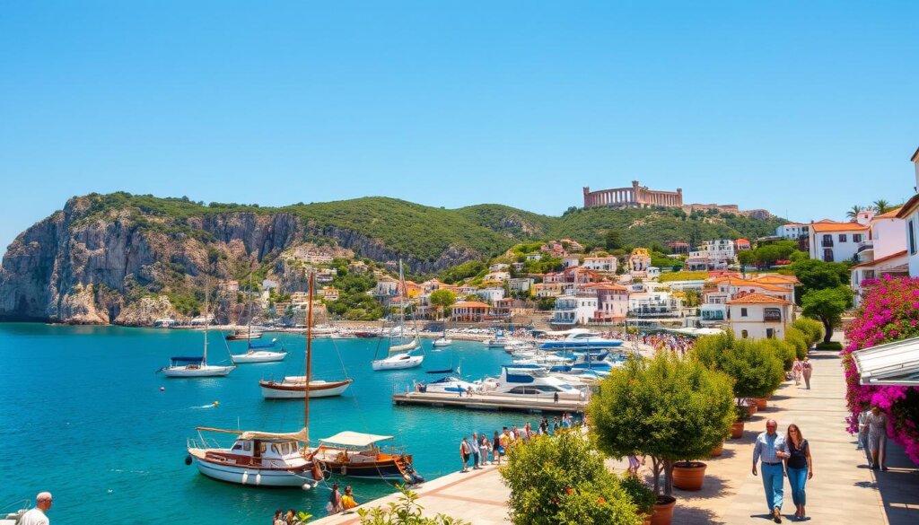 Serene seaside haven in Side, Turkey: A sun-dappled promenade frames a picturesque harbor, sailboats gently rocking amidst the turquoise waters. Towering cliffs speckled with vibrant greenery rise up in the distance, their slopes dotted with ancient ruins and charming whitewashed villas. A warm, Mediterranean breeze carries the scent of blooming bougainvillea and freshly grilled seafood. People stroll leisurely, pausing to admire the breathtaking natural beauty and rich cultural heritage that permeates this enchanting coastal town. Wide-angle lens captures the timeless allure of Side, a harmonious blend of natural splendor and captivating history.
