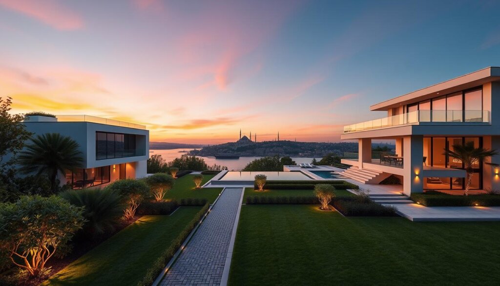 Stunning modern villa overlooking the Bosphorus in Istanbul, Turkey. Elegant exterior with sleek lines, large windows, and a private pool. Middle ground features meticulously landscaped gardens with lush greenery and a cobblestone pathway leading to the villa's entrance. Distant background showcases the iconic silhouette of Istanbul's skyline, with the historic domes and minarets of mosques rising against a vibrant sunset sky. Soft, warm lighting casts a golden glow across the scene, creating an inviting and luxurious atmosphere ideal for a high-end property investment.