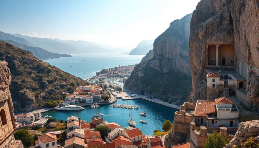 Sweeping panorama of ancient Lycian rock-cut tombs carved into the rugged cliffs, overlooking the modern coastal town of Fethiye. Warm Mediterranean sunlight bathes the timeworn ruins, casting dramatic shadows across the weathered stone facades. In the foreground, a cluster of traditional whitewashed buildings with terra-cotta roofs nestled between towering mountains. Bustling harbor in the middle distance, sailboats and ferries dotting the tranquil turquoise waters. Hazy blue mountains rise in the distance, creating a serene, picturesque scene that blends the old and new. Cinematic, wide-angle composition that captures the timeless allure and natural beauty of this enchanting Turkish coastal destination.