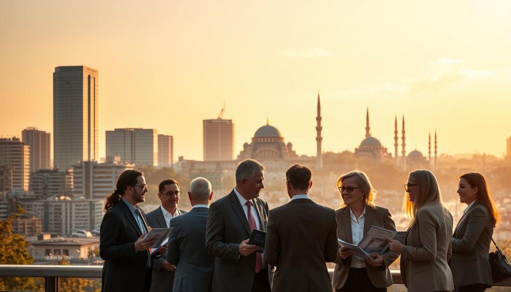 Vibrant city skyline of Istanbul, Turkey, with modern high-rise buildings and historical landmarks. In the foreground, a group of well-dressed professionals engaged in a lively discussion, surrounded by brochures and documents, representing foreign investors exploring property opportunities. Warm, golden sunlight casts a inviting glow, highlighting the bustling energy of the city. Sleek, glass-walled office buildings in the middle ground, reflecting the city's cosmopolitan atmosphere. In the background, the iconic domes and minarets of Hagia Sophia and the Blue Mosque, symbolizing Istanbul's rich cultural heritage. The scene conveys an atmosphere of growth, opportunity, and international investment in the dynamic real estate market of this historic metropolis.