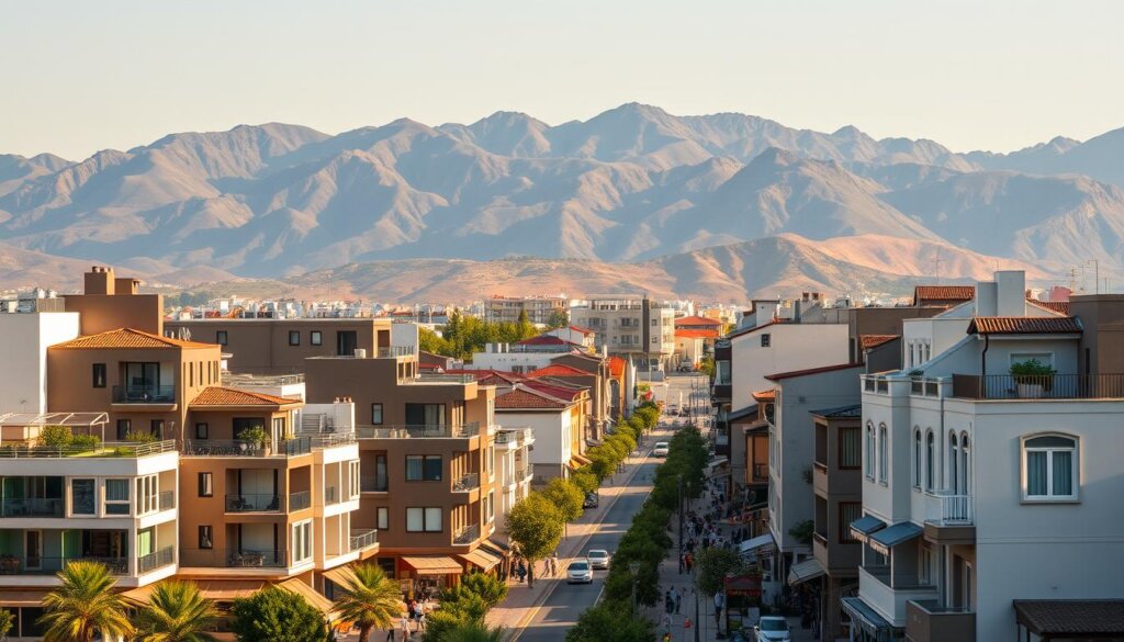 a detailed cityscape of Kas, Turkey, showcasing the local real estate market. the foreground features a group of modern, well-designed apartment buildings with a mix of styles and architectural elements, representing the diverse housing options available. the middle ground depicts a bustling street lined with local shops, cafes, and businesses, capturing the vibrant community and economic activity. in the background, the picturesque Taurus Mountains rise up, providing a stunning natural backdrop and highlighting Kas' scenic coastal location. the scene is bathed in warm, golden sunlight, creating a welcoming and inviting atmosphere. the overall composition conveys the growth, prosperity, and appeal of the Kas real estate market.
