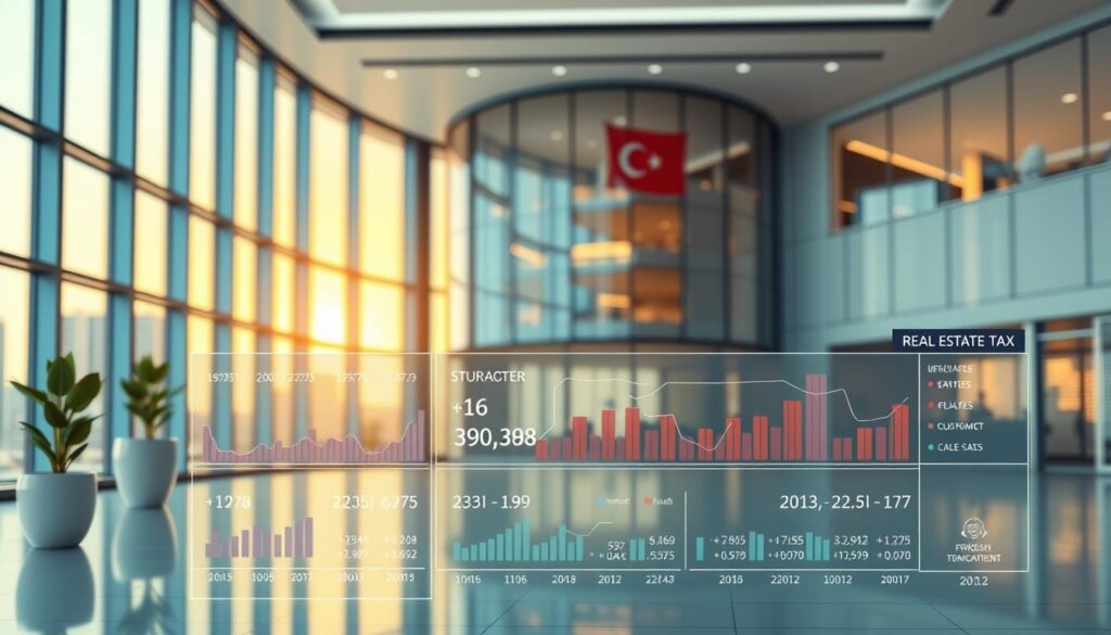 a detailed, photorealistic 3D illustration of the Turkish tax system for real estate, depicting a modern office building with a financial data dashboard in the foreground, showcasing real estate tax rates and calculations, with a clean, minimalist design and warm, natural lighting from large windows
