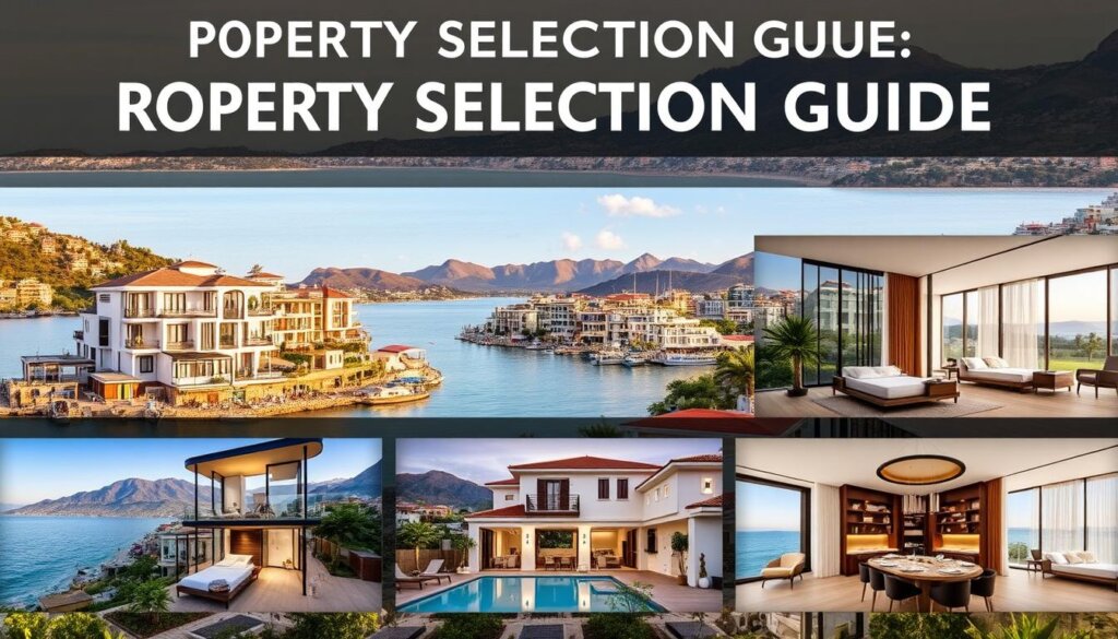 a detailed property selection guide for Alanya, Turkey, showcasing a range of residential options, including apartments, villas, and townhouses, set against the backdrop of the Mediterranean coastline and the Taurus Mountains. The image should have a warm, inviting tone, capturing the essence of Alanya's captivating real estate market. Featuring well-composed interior and exterior shots, the guide should highlight key features such as modern amenities, stunning views, and the region's unique architectural styles. The image should convey a sense of sophistication and attention to detail, reflecting the quality of the properties available in Alanya.