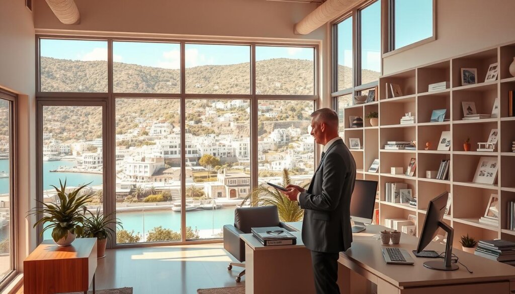 a detailed real estate office interior with high ceilings, large windows, and modern furniture. In the foreground, an estate agent in a professional suit is standing at a desk, using a computer and discussing details with a client. The middle ground features shelves filled with property listings, architectural models, and other real estate paraphernalia. The background showcases a picturesque view of the town of Kalkan, with its whitewashed buildings, turquoise waters, and lush vegetation. The lighting is warm and natural, creating a welcoming and efficient atmosphere. The overall composition conveys a sense of expertise, professionalism, and local market knowledge.