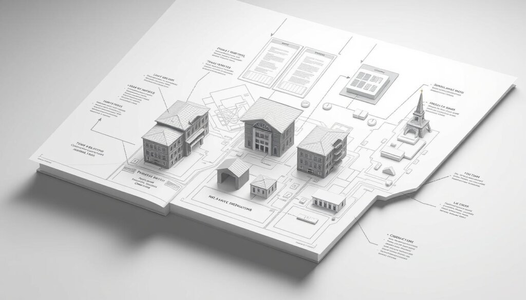 a detailed, realistic architectural diagram showcasing the key aspects of Turkish property laws, with a focus on the various legal and regulatory frameworks governing real estate transactions, ownership rights, and tax implications. The image should be composed of a clean, technical layout featuring building blueprints, legal documents, and financial data visualizations, all rendered in a neutral color palette with crisp lines and subtle shadows to convey a sense of authority and professionalism. The overall mood should be one of informative clarity, guiding the viewer through the complexities of navigating the Turkish property market with confidence and precision.