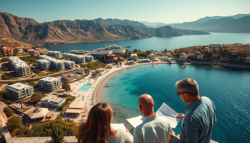 a high-angle view of a picturesque seaside town in Kas, Turkey, with modern apartment buildings, hotels, and restaurants lining the coast, surrounded by rugged mountains and crystal-clear turquoise waters. In the foreground, a group of prospective investors examines property plans and documents, discussing potential investment opportunities. The scene is bathed in warm, golden sunlight, creating a serene and inviting atmosphere, hinting at the lucrative real estate market and the allure of this Mediterranean paradise for those seeking profitable property investments.
