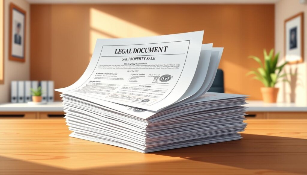 a highly detailed digital illustration of a stack of legal documents for a property sale, showcased on a wooden desk in a well-lit, professional office setting. The documents have a formal, government-issued appearance, with official seals, stamps, and signatures visible. The lighting is soft and natural, creating a sense of authority and legitimacy. The background is clean and uncluttered, with a few potted plants or other office decor elements to provide context. The overall composition conveys a sense of professionalism and attention to detail, suitable for the "Legal Requirements and Documentation" section of an article on selling property in Side, Manavgat.