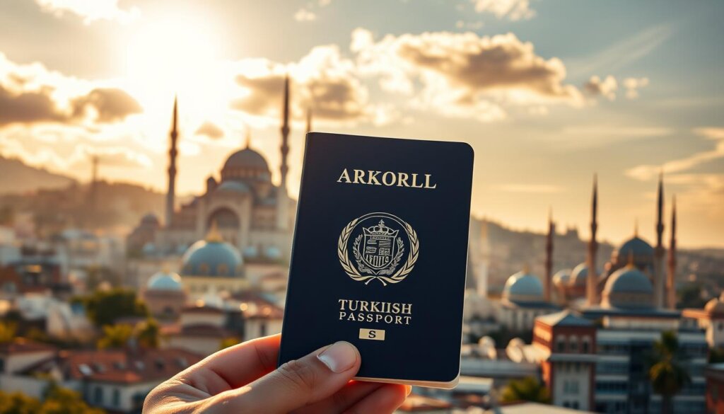 a highly detailed, photorealistic illustration of the strategic advantages of a Turkish passport, featuring a passport held in the foreground with a crisp, clean design showcasing the national emblem and text, against a backdrop of a bustling city skyline with iconic landmarks like the Hagia Sophia and Blue Mosque, illuminated by warm, golden afternoon sunlight filtering through wispy clouds, conveying a sense of prosperity, global reach, and cultural heritage associated with Turkish citizenship