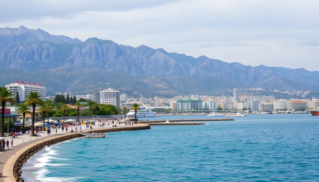 a panoramic landscape depicting the coastal towns of the Mediterranean, with the contrast between the warm, sunny climate of Alanya and the cooler, more temperate climate of Mersin. The foreground showcases the bustling seaside promenade of Alanya, with people enjoying the sunny weather, palm trees swaying, and vibrant blue waters lapping at the shore. In the middle ground, the tranquil harbor of Mersin comes into view, with a cooler, more overcast sky and a more subdued, yet equally picturesque atmosphere. The background features the rugged, mountainous terrain that characterizes the varied geography of the Mediterranean region, highlighting the distinct microclimates of these two popular vacation destinations. The overall tone is one of relaxation and contemplation, inviting the viewer to imagine themselves immersed in the unique charms of each location.