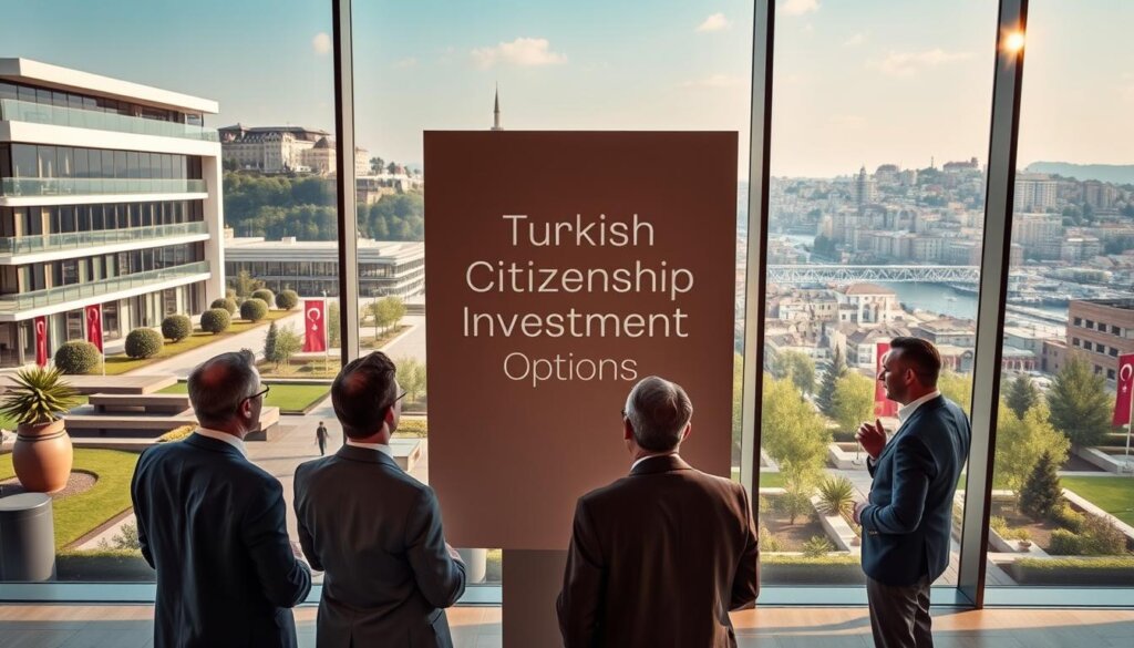 a photo of a high-end commercial investment property in Istanbul, Turkey, capturing its modern architecture, landscaped gardens, and bustling cityscape in the background. The foreground showcases a group of well-dressed investors engaged in a business meeting, their faces turned towards the camera. The middle ground features a signage displaying "Turkish Citizenship Investment Options" in a sleek, minimal design. The lighting is warm and natural, reflecting the sun's rays through the large windows. The scene conveys a sense of prestige, opportunity, and the sophisticated process of obtaining Turkish citizenship through strategic investment.