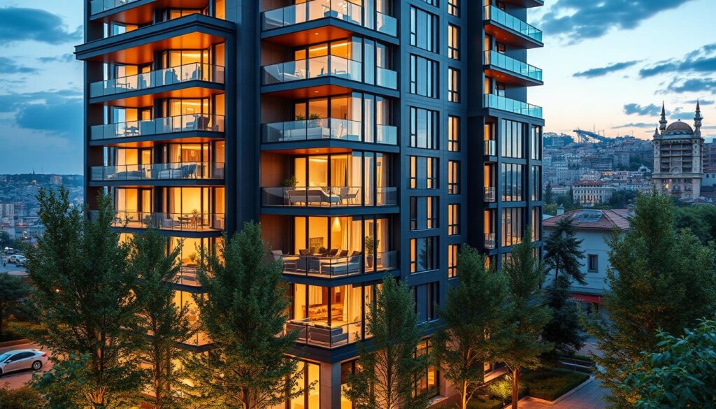 a photo of a luxury apartment building in Istanbul, Turkey, with a modern and sleek architectural design. The building is situated in a bustling urban neighborhood, with tall trees and greenery in the foreground, and a view of the city skyline in the background. The apartments have floor-to-ceiling windows that reflect the surrounding environment, and the building's exterior is made of high-quality materials like glass, steel, and stone. The lighting is warm and inviting, creating a welcoming atmosphere. The overall scene conveys a sense of refined elegance and sophistication, perfectly capturing the essence of "affordable luxury apartments" in Istanbul.
