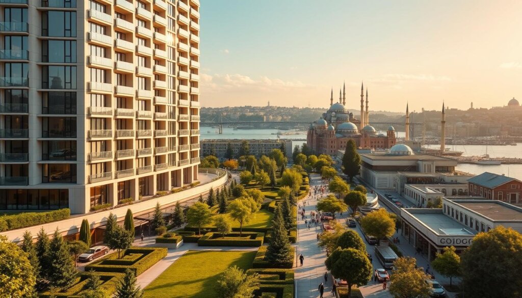 an elegant high-rise apartment building with a modern architectural design, situated in the bustling cityscape of Istanbul. The building facade is adorned with large windows that capture the breathtaking views of the Bosphorus Strait. In the foreground, a well-manicured garden provides a serene oasis amidst the urban landscape. The middle ground features a lively promenade lined with a variety of upscale shops and restaurants, catering to the discerning residents. In the background, the iconic silhouettes of historical mosques and towers create a harmonious blend of old and new. The scene is bathed in a warm, golden light, conveying a sense of prosperity and investment opportunity in this vibrant Turkish metropolis.