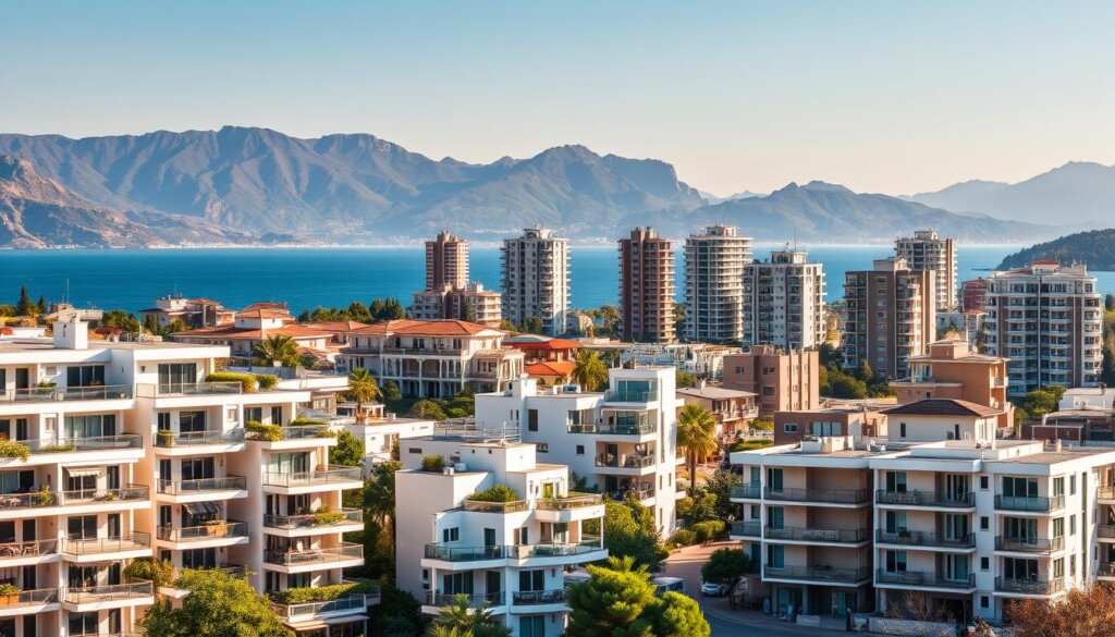 diverse apartment options in Alanya, Turkey - a vibrant coastal town. The foreground features a collection of modern, well-designed apartment buildings with balconies, terraces, and lush greenery. The middle ground showcases a range of architectural styles, from traditional Mediterranean villas to sleek, contemporary high-rises. In the background, the majestic Taurus Mountains provide a stunning natural backdrop, with the glistening Mediterranean Sea visible in the distance. The scene is bathed in warm, golden sunlight, creating a serene and inviting atmosphere. The composition captures the variety of living options available, from cozy apartments to spacious, luxury residences, catering to diverse preferences and lifestyles.