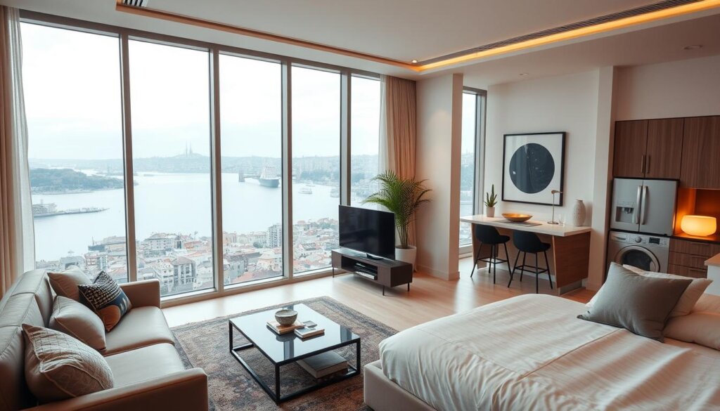 high-quality, detailed interior scene of a well-staged, modern apartment in Istanbul, Turkey, with large windows overlooking the Bosphorus Strait and the city skyline. The living room features neutral-toned furnishings, warm lighting, and tasteful decor that highlights the property's potential. The kitchen is clean and well-equipped, and the bedroom is serene with plush bedding. The overall atmosphere is one of sophistication, comfort, and inviting livability, presenting the property in an appealing way to potential buyers.