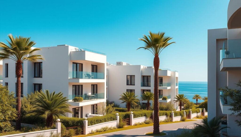 newly built apartment buildings with modern architectural design in Kas, Turkey, with a clear blue sky and a view of the Mediterranean Sea in the background. The apartments have clean lines, large windows, and balconies overlooking the water. The buildings are surrounded by lush greenery and palm trees, creating a serene and peaceful atmosphere. The lighting is warm and natural, capturing the Mediterranean ambiance. The scene is captured with a wide-angle lens to showcase the overall layout and scale of the newly constructed residential development.