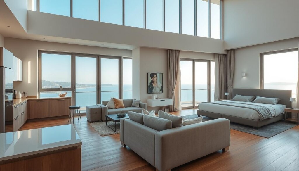 studio apartment in manavgat, turkey with modern interior design, large windows overlooking the mediterranean sea, minimalist furniture in neutral tones, lots of natural light streaming in, cozy and inviting atmosphere, high ceilings and open floor plan, hardwood floors, sleek kitchen with stainless steel appliances, comfortable living area with plush sofa, stylish bedroom with king-size bed, luxurious bathroom with rainfall shower, calming and serene vibe, capturing the essence of a smart investment property